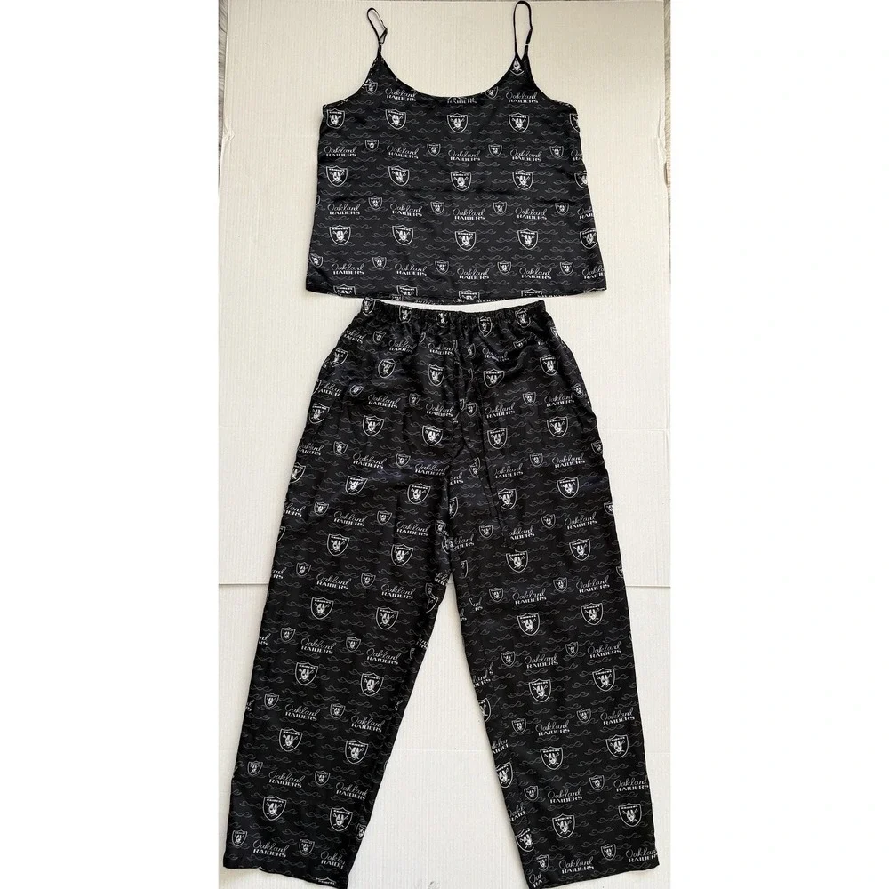 Oakland Raiders NFL For Her Satin Pajama Set XL Black Cami Top Pants Sleepwear